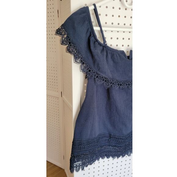 No Boundaries 11-13 L Blue Gauzy Lace Cold Shoulder Ruffle Neck Shirt Y2K Boho - Picture 2 of 11